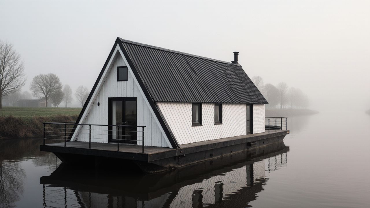 Crisp Monochrome Cabin – A Modified Mid-Century Floating Retreat
