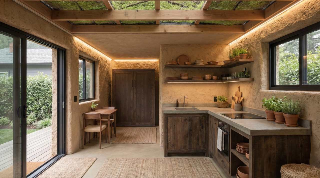 The Eco-Lodge — Green Roof & Earthy interior