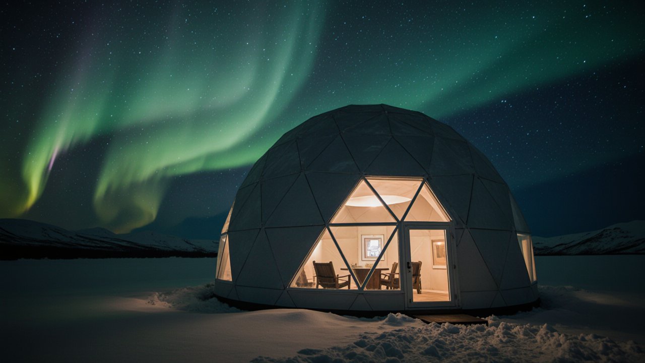 Arctic White & Geometric Glow – The Glass Igloo Sanctuary