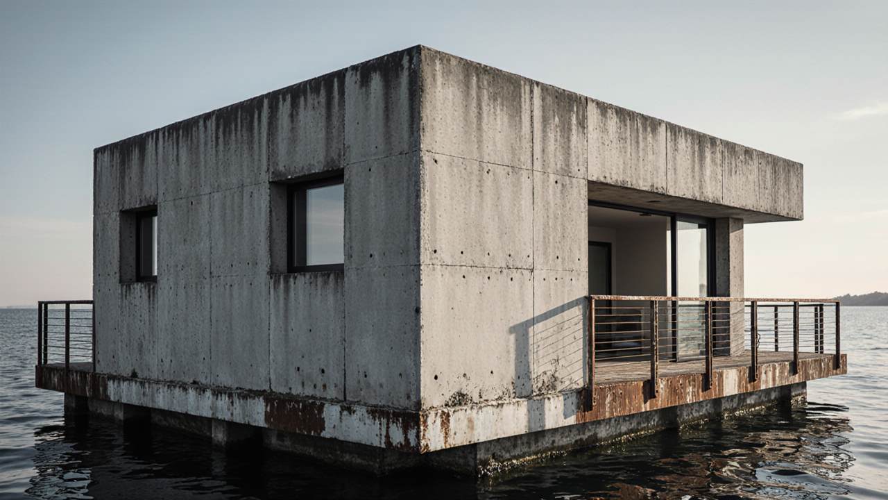 Raw Grey Fortress – A Floating Brutalist Studio