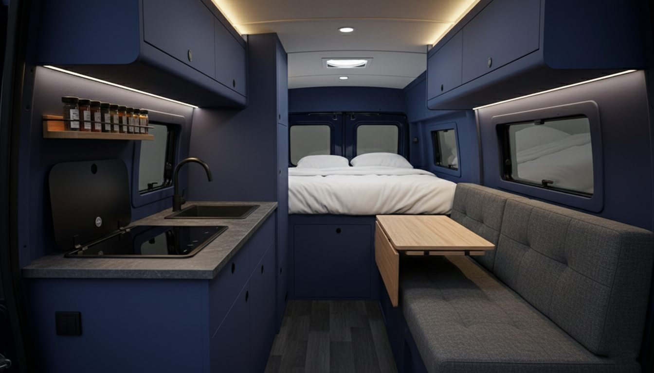 Deep Navy & Oak Study - A Mobile Library for the Modern Academic interior
