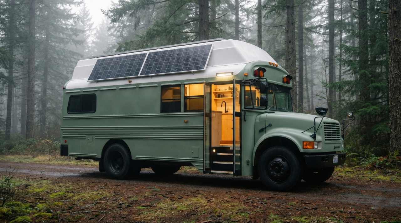 Earthy Sage and Timber Mobile Galley - Scandi-Style Bus Conversion