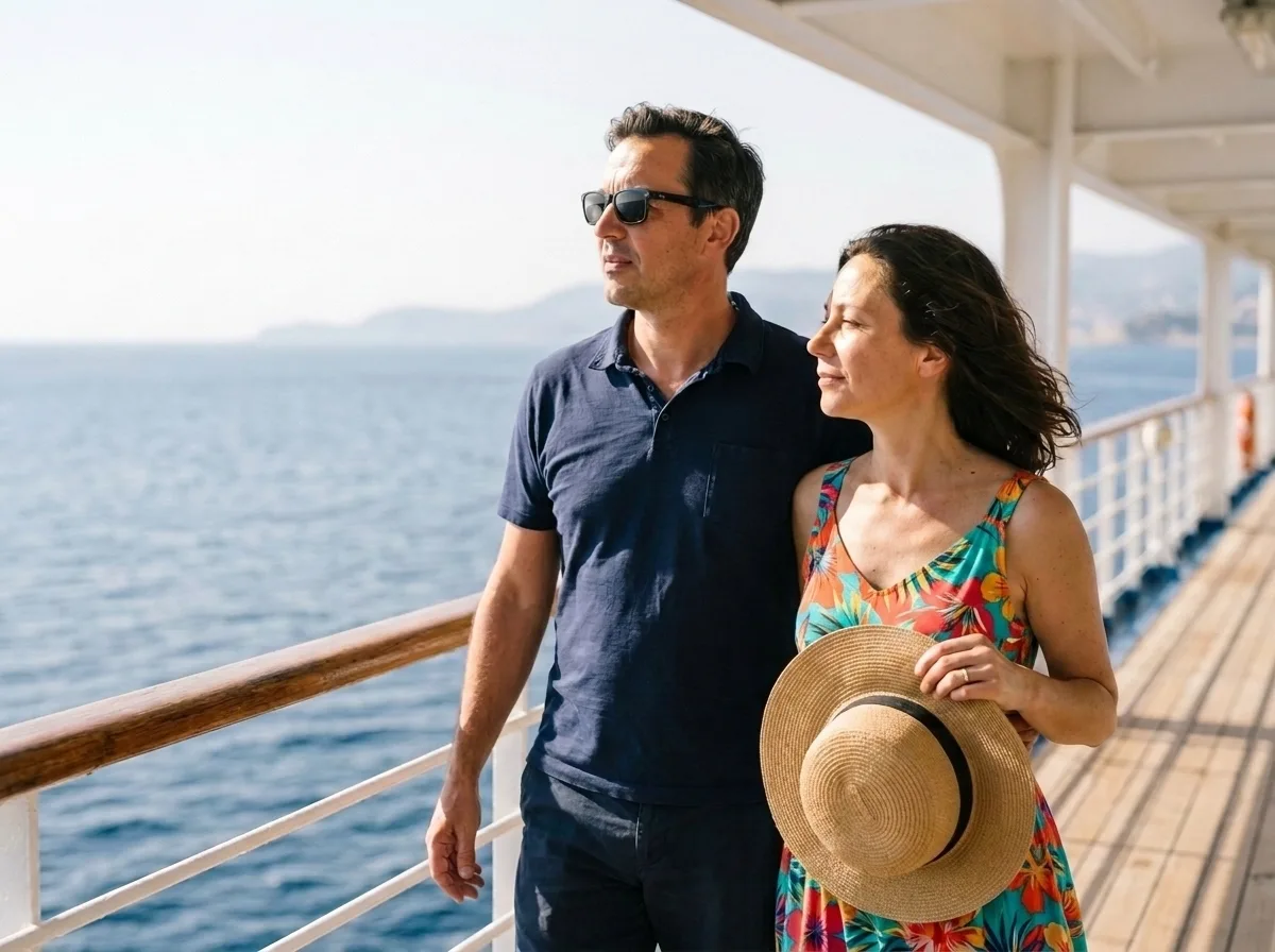 Julian and Elena Vance walking the deck of a cruise ship