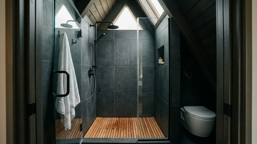 Compact Wet Room Bathroom with Cedar Grating