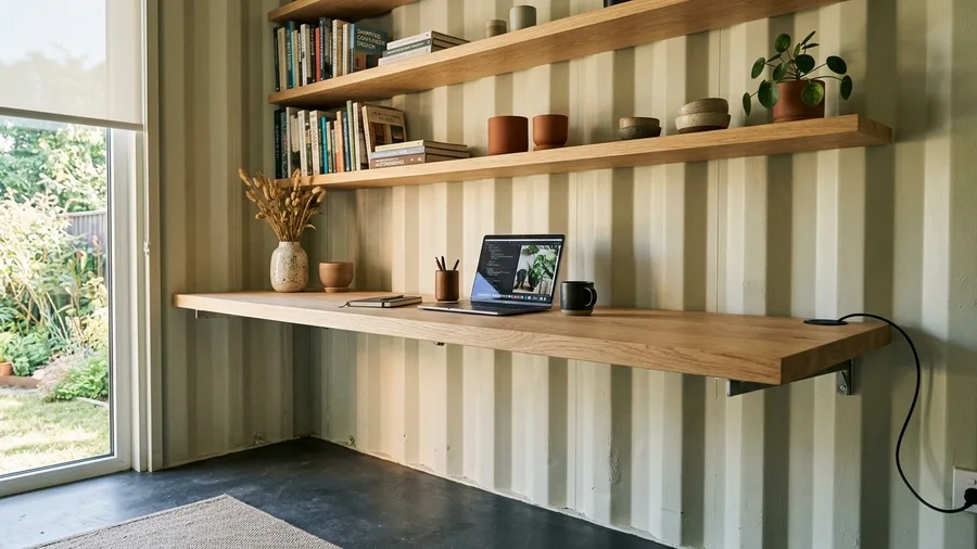 Integrated Wooden Desk and Bookcase Niche