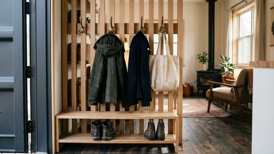Slatted Wood Entryway Coat and Shoe Locker
