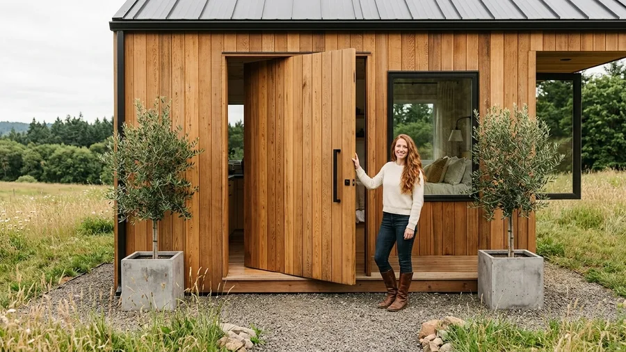 Oversized Cedar Pivot Door as the Main Exterior Anchor