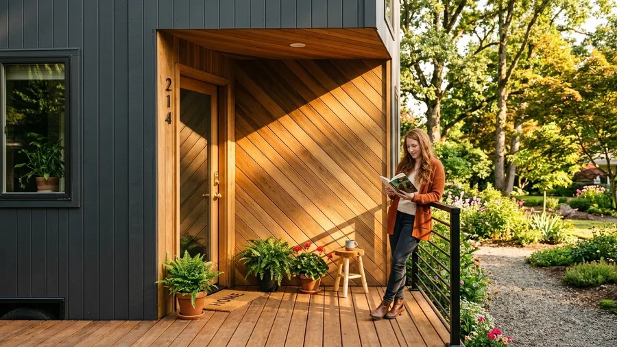Diagonal Cedar Siding Accent Wall Framing the Front Porch