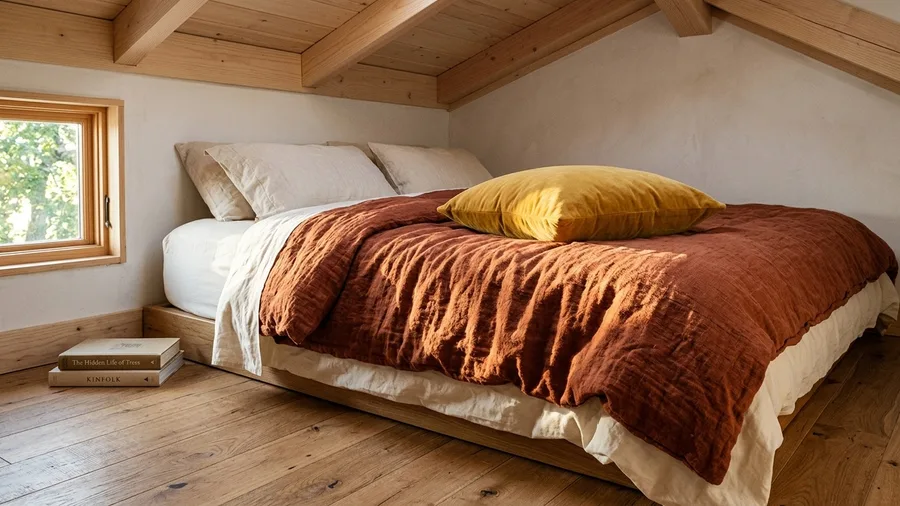 Layered Terracotta Linen Bedding Softens Hard Angles