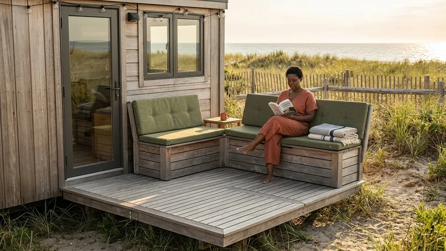 Corner-Wrap Fold-Out Deck with Built-In Seating