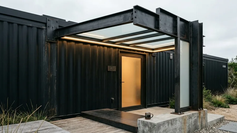 Blackened Steel and Frosted Glass Canopy