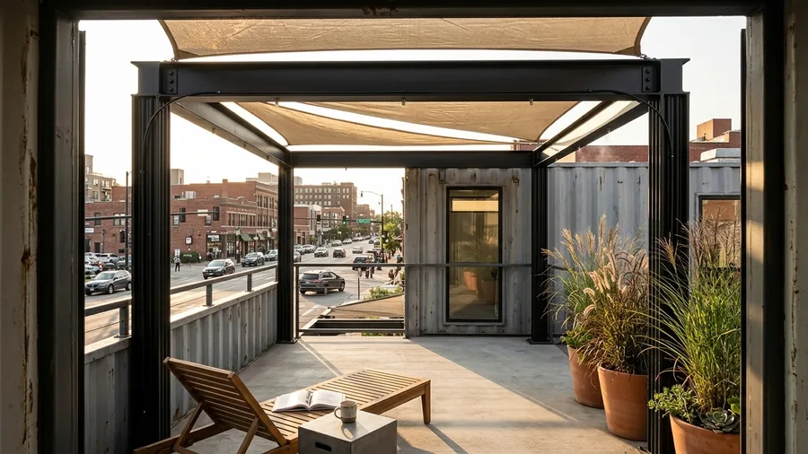 Urban Infill Container with Integrated Sunshade Canopy