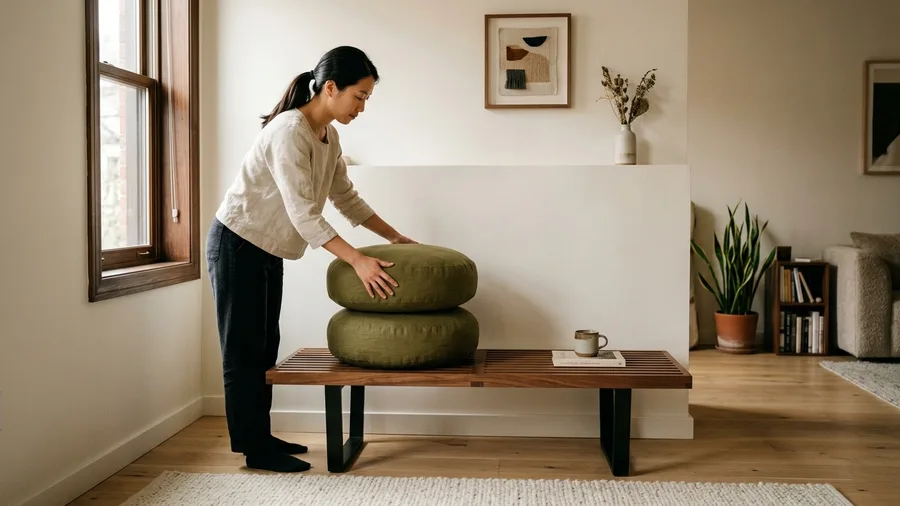 Mid-Century Slatted Bench and Cushion Stack