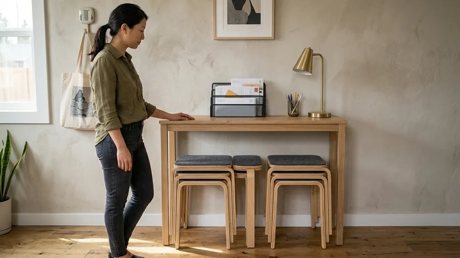 Nested Oak Stools Under a Slim Console