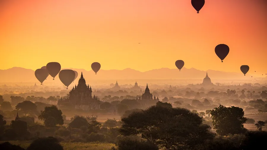 Bagan, Myanmar: Hot-Air Balloon Above Temple Plains