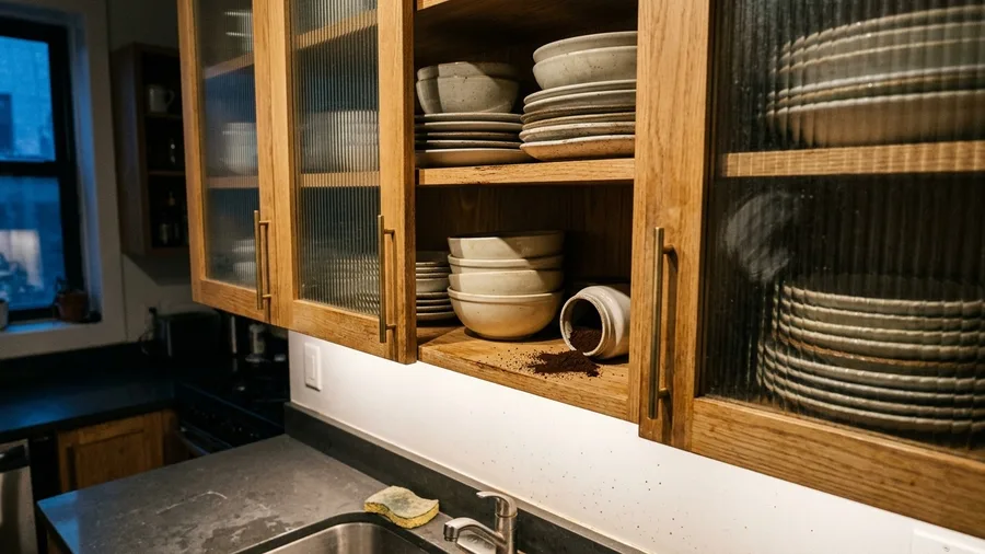 Open shelving collects dust and clutters sightlines instantly