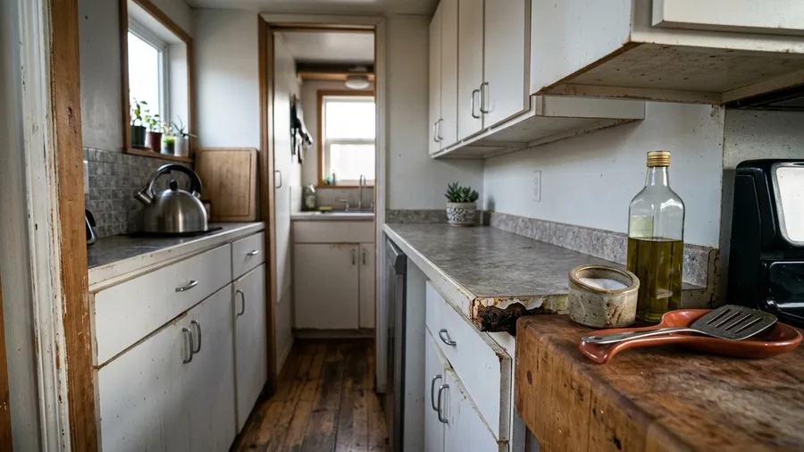 Flimsy particle board cabinetry sags under daily wear