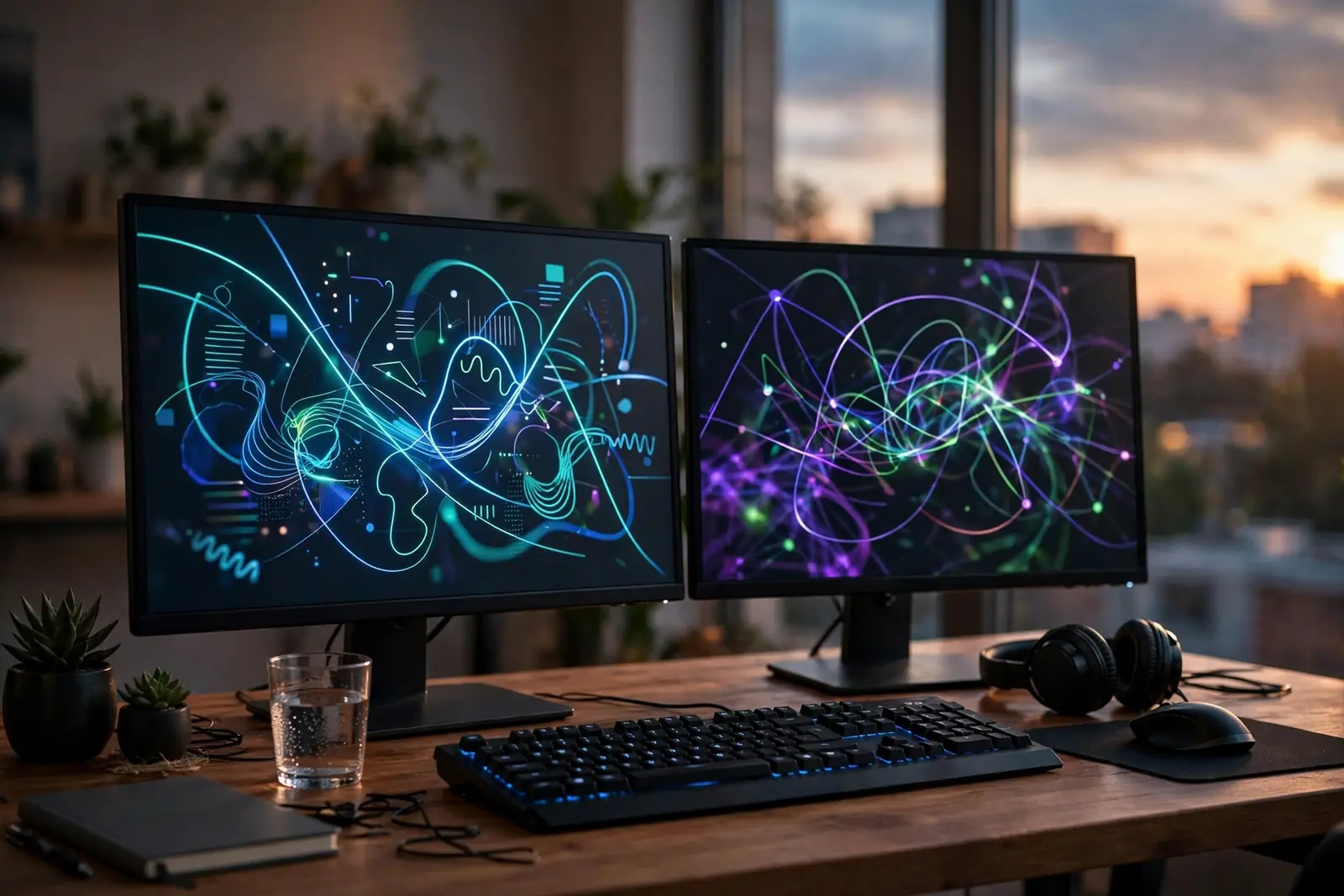 A developer desk with two monitors showing abstract glowing code