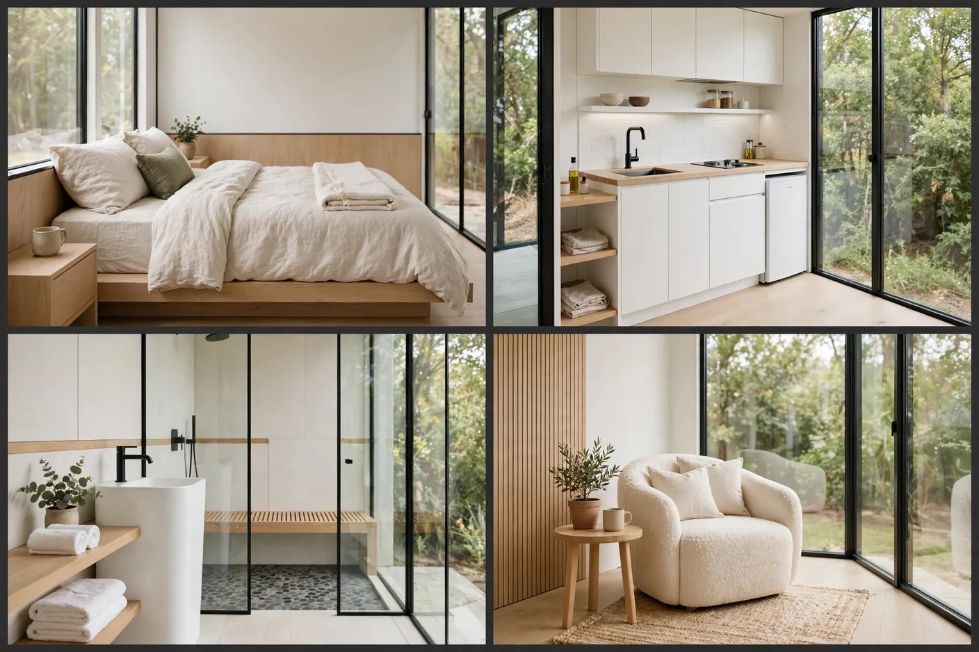 Four interior views of a minimalist glass-walled container studio: bedroom, kitchenette, bathroom and lounge