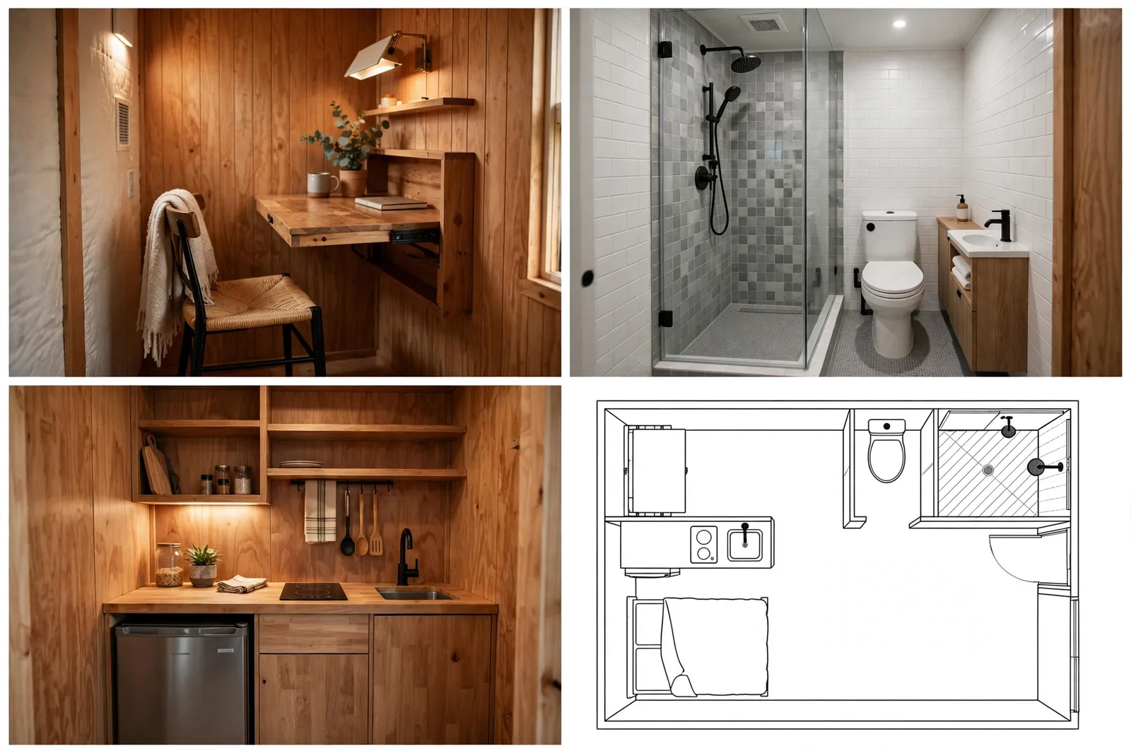 Four-panel collage of the 20-foot studio pod interior: murphy desk combo, wet bath, kitchenette, and a line-art floor plan of the layout.