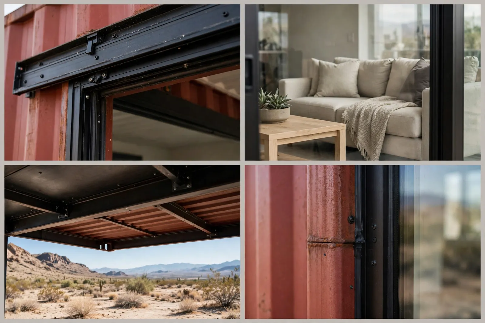 Four detail photos of the rust-red desert container home: black sliding glass door track, minimalist living room with sofa seen through glass, shaded steel overhang with desert view, corrugated steel corner joined to the glass frame