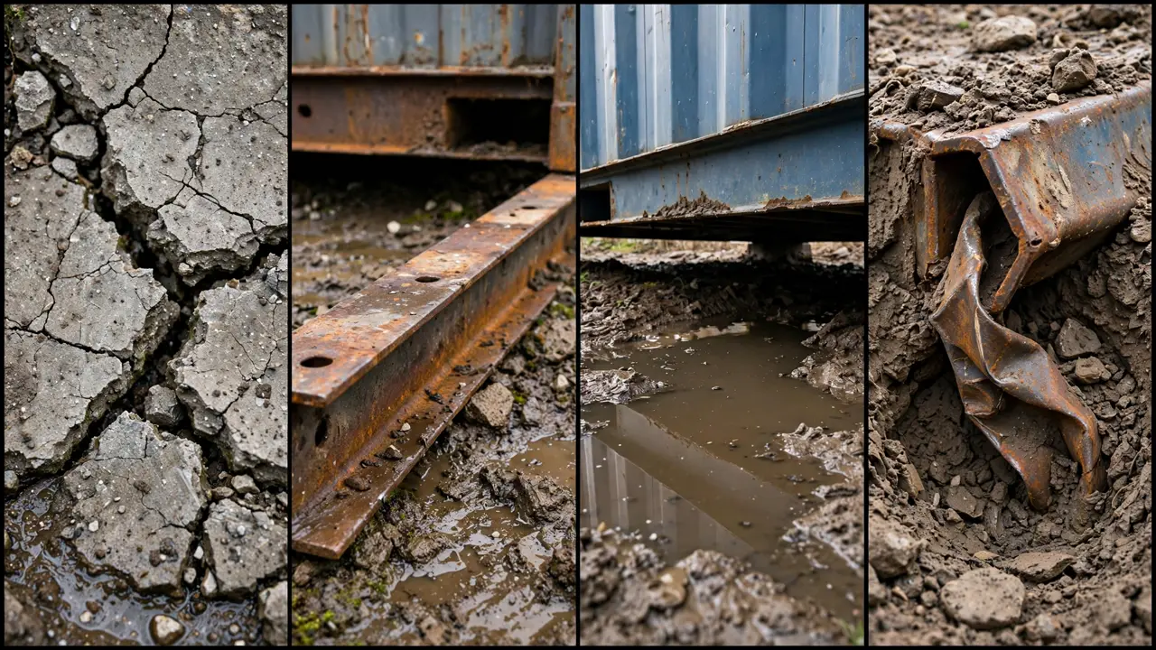 Foundation problem details: cracked concrete footing, rusted base rail on wet soil, water pooling under a container, twisted steel corner casting
