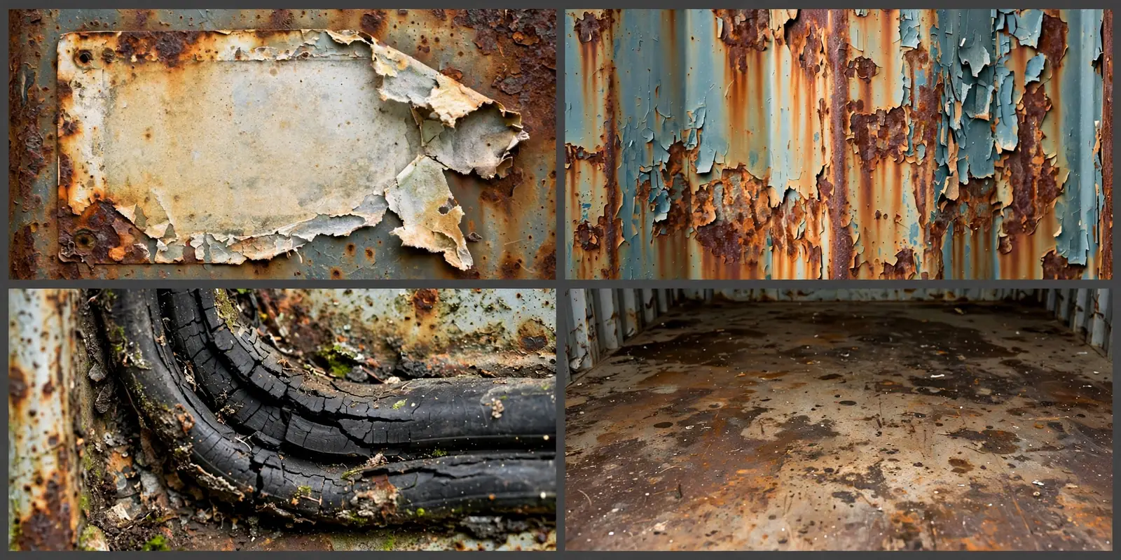 Close-up collage of a faded placard remnant, rust streaks, corroded door seal and stained container floor