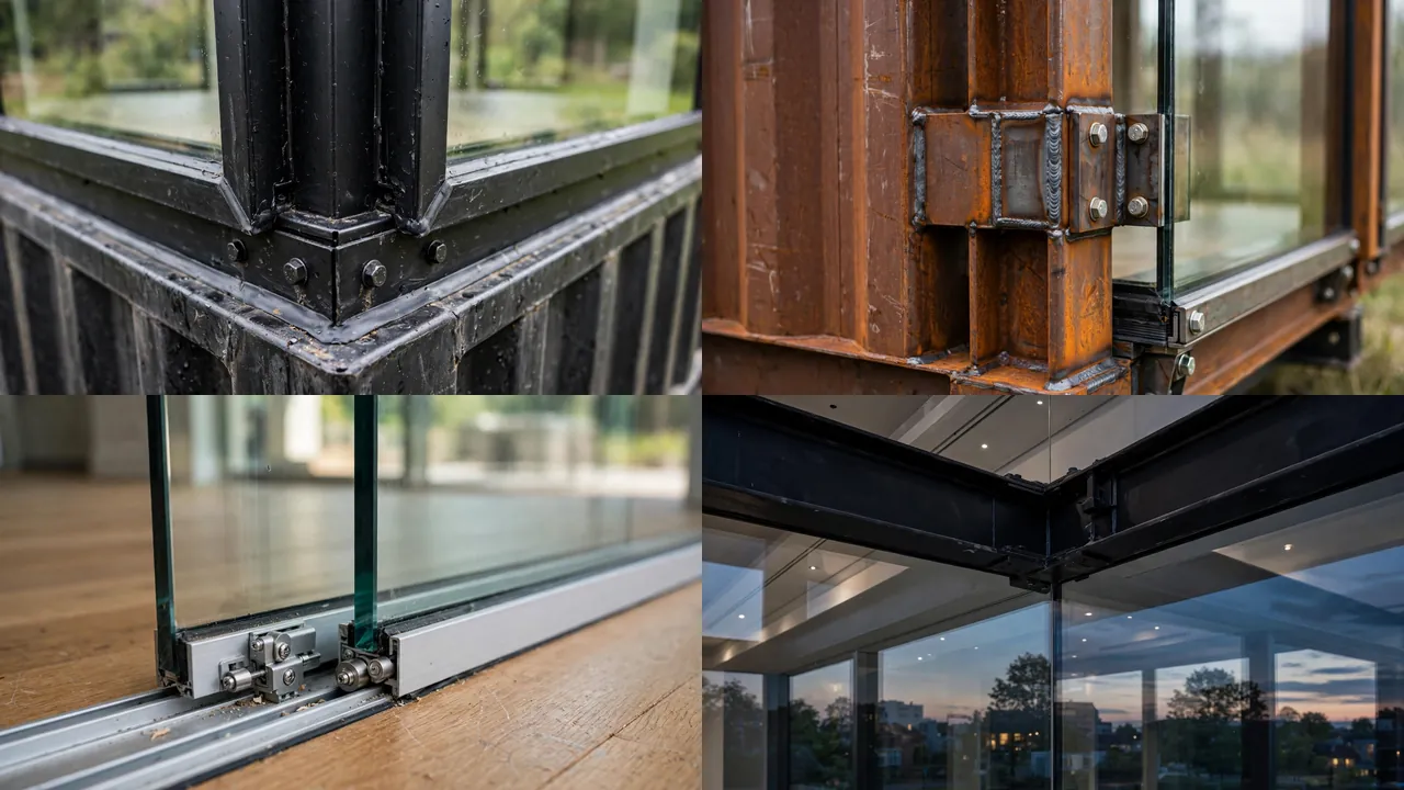 Close-up details of steel-framed glass corner walls on a container home
