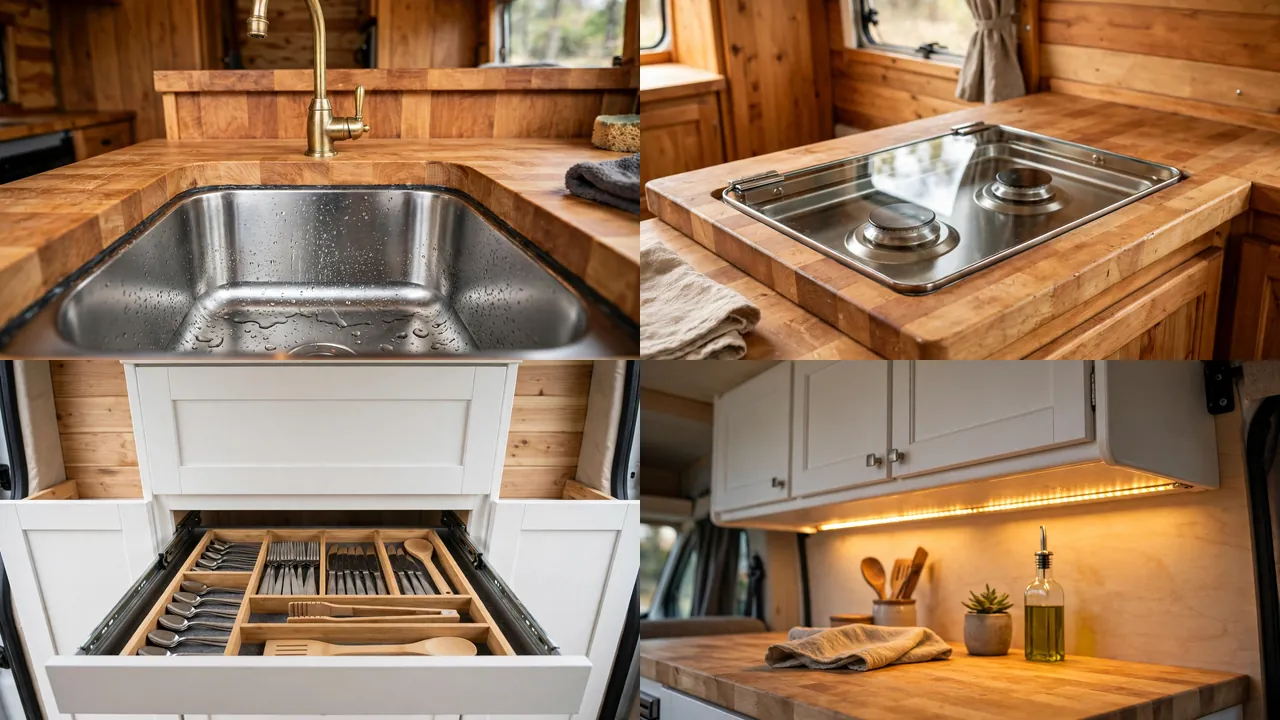 Close-up details of butcher block counters, cooktop, drawers and lighting in a camper van kitchen