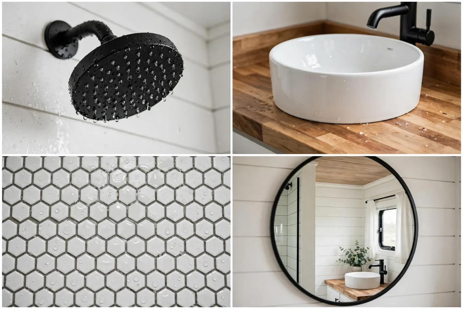 Detail collage: black rain shower head, butcher block vessel sink, white hex tile, round black mirror