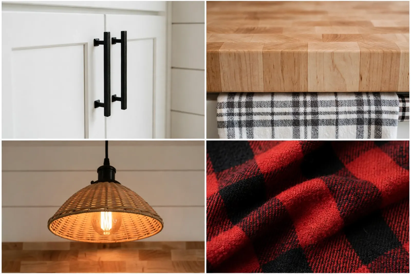 Four close-up detail shots in a 2x2 grid: black bar pulls on white shaker cabinets, a thick butcher-block countertop edge over plaid fabric, a glowing woven rattan pendant light, and red-and-black buffalo plaid throw texture.