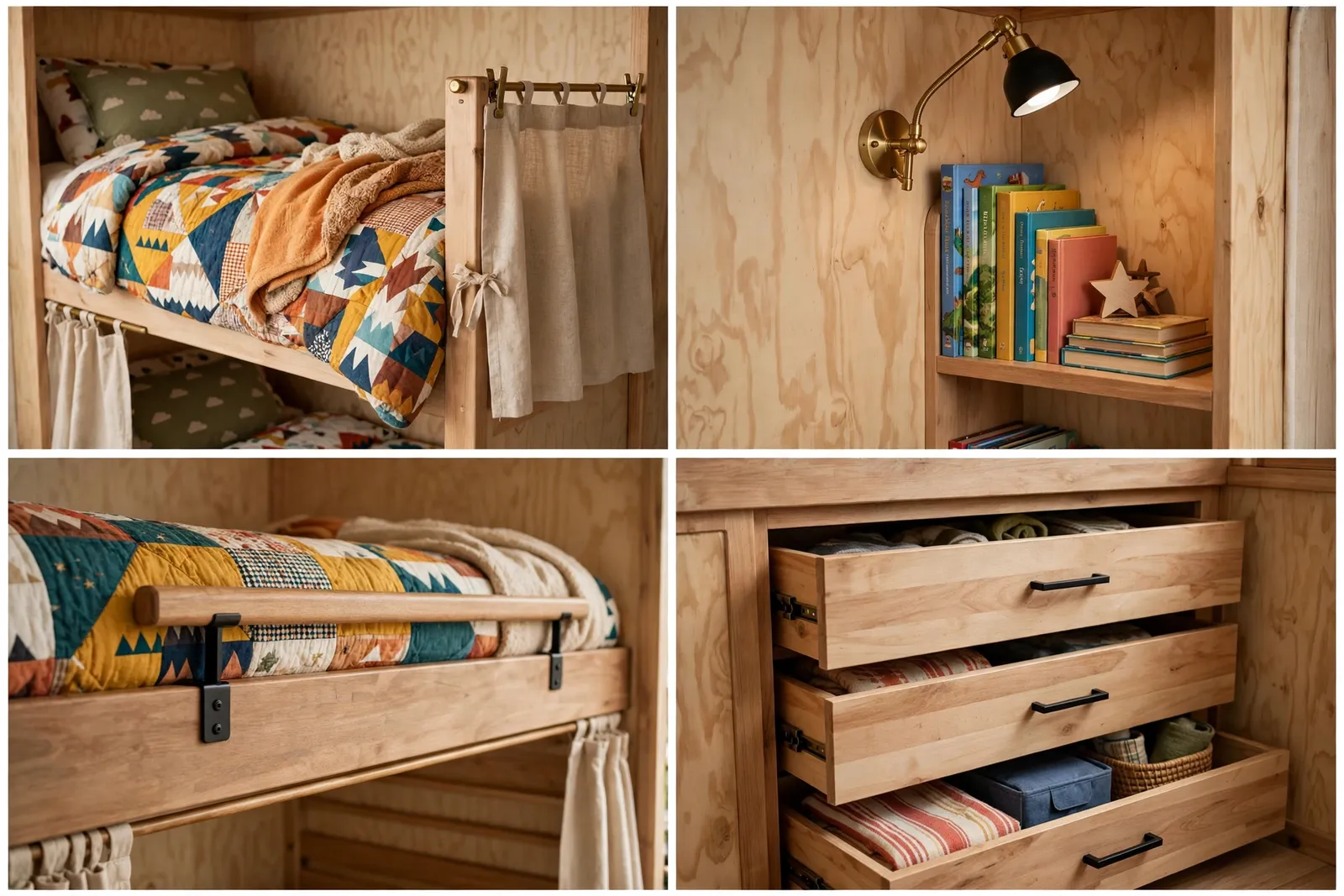 Close-up details of a skoolie kids bunk room: bedding, reading light, safety rail, drawers