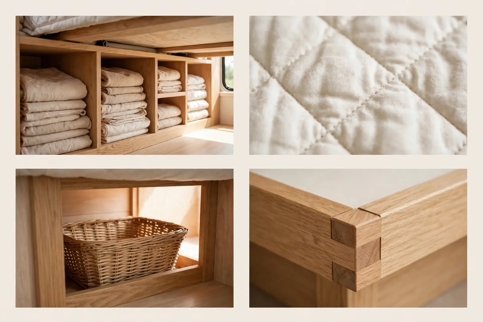 Four-panel collage showing cubby detail, bedding texture, drawer interior, and corner joint of the platform bed