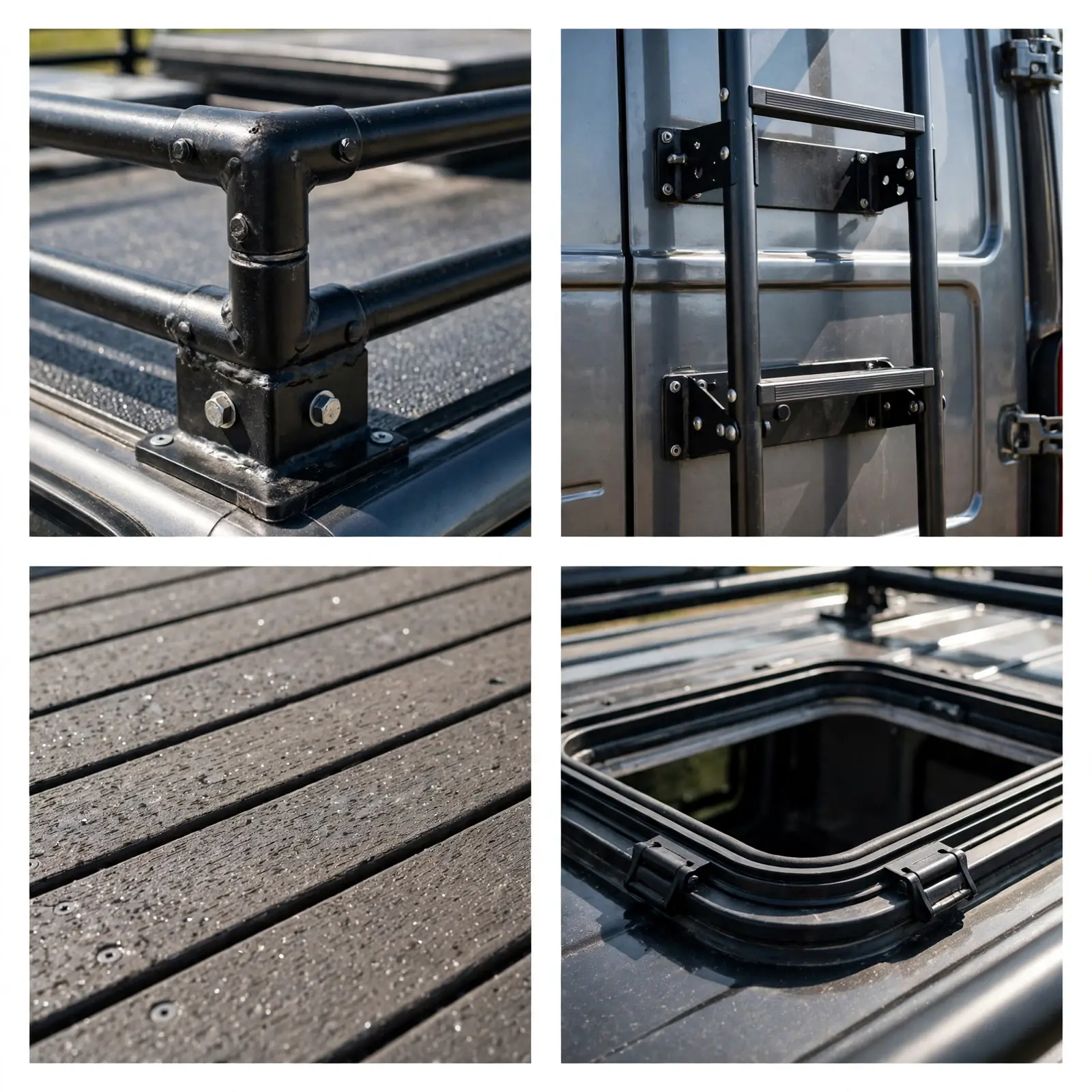 Four-panel collage: deck railing joint, rear access ladder, deck flooring boards, roof hatch frame