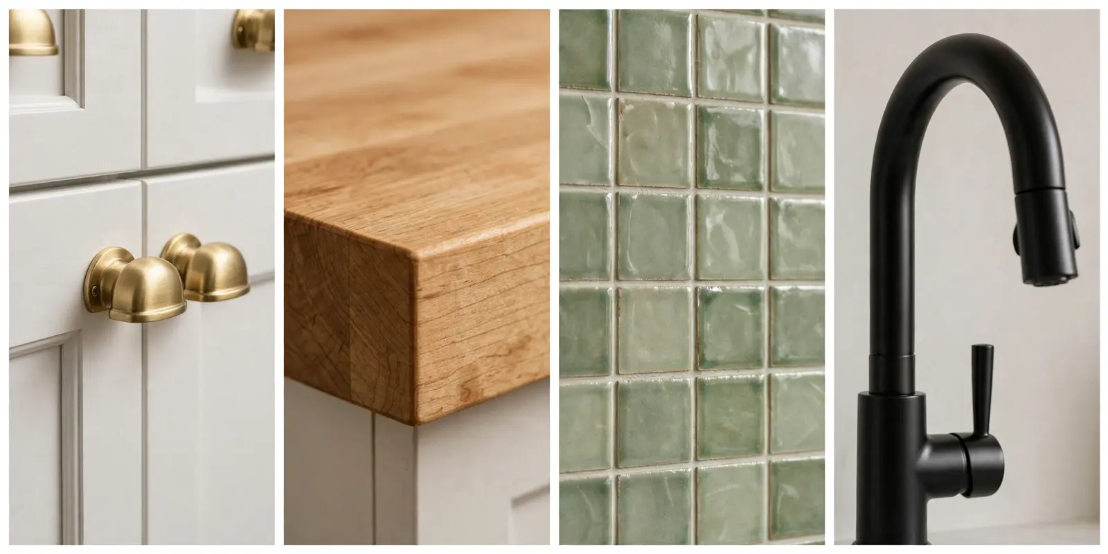 Four detail panels: brass cup pulls, butcher block counter edge, sage zellige tile backsplash, matte black faucet