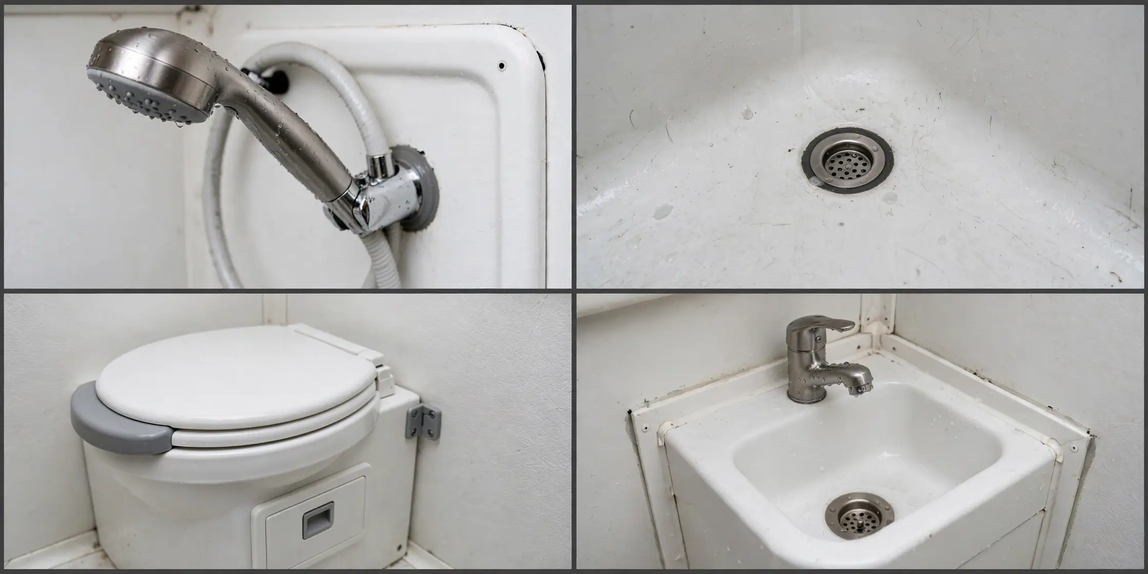 Close-up details of a fiberglass camper van wet bath: shower head, floor drain, toilet and corner sink