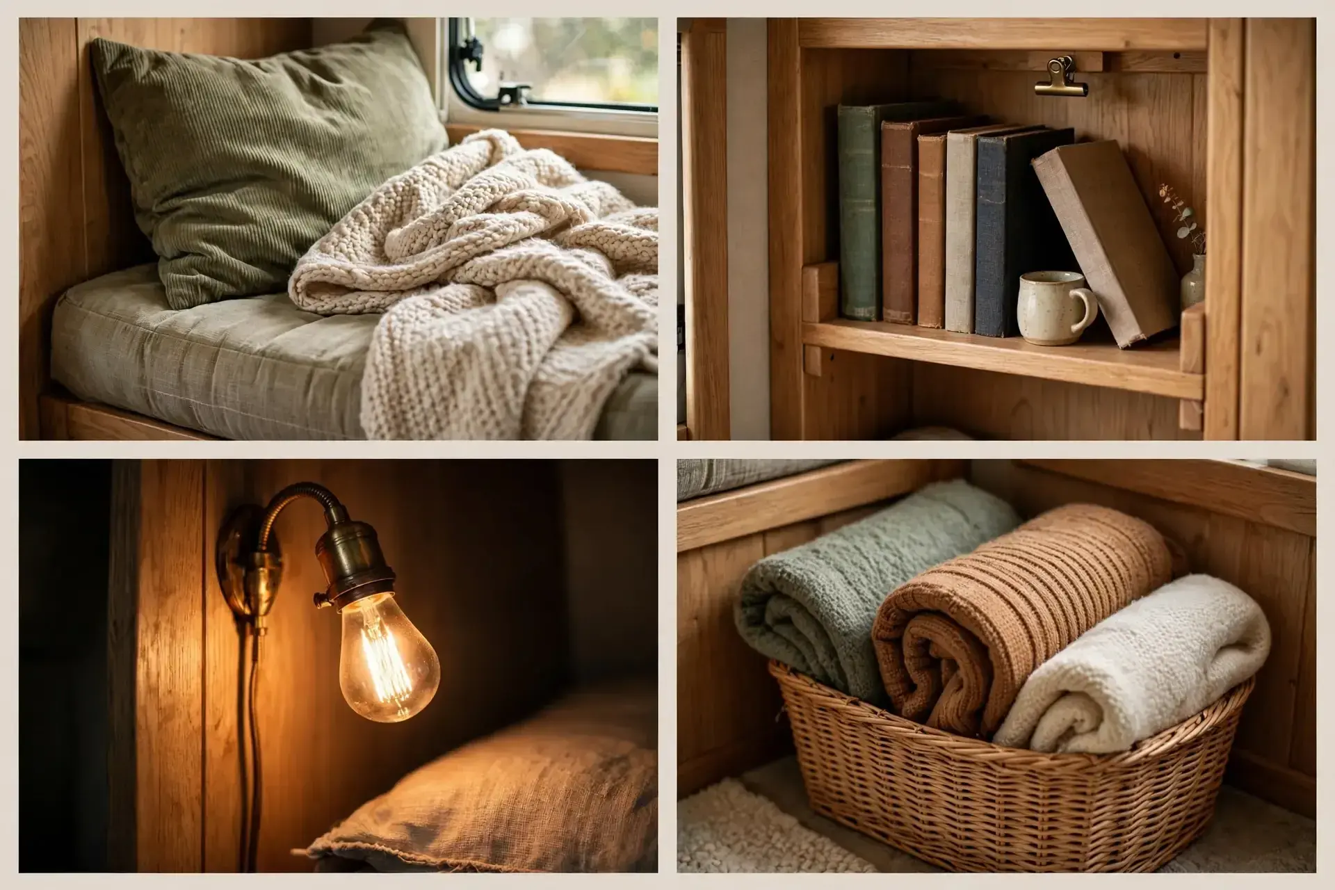 Close-up details of the RV window seat: cushions, throw blanket, bookshelf and warm lamp light