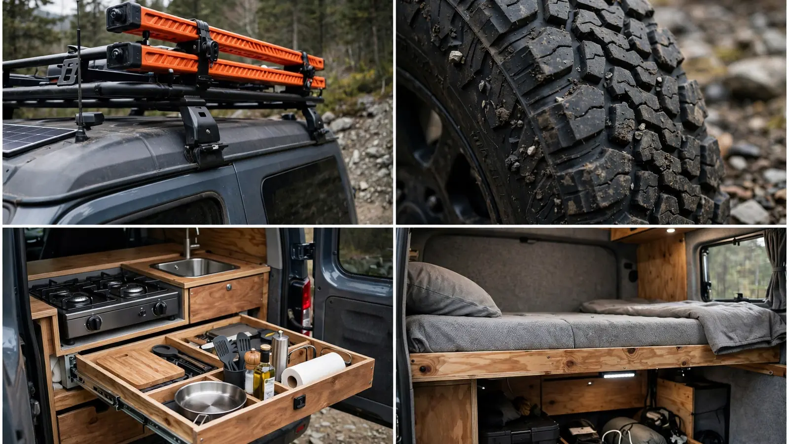 Four-panel detail collage of the Desert Fox Sprinter showing roof rack, all-terrain tire, rear kitchen and bed platform