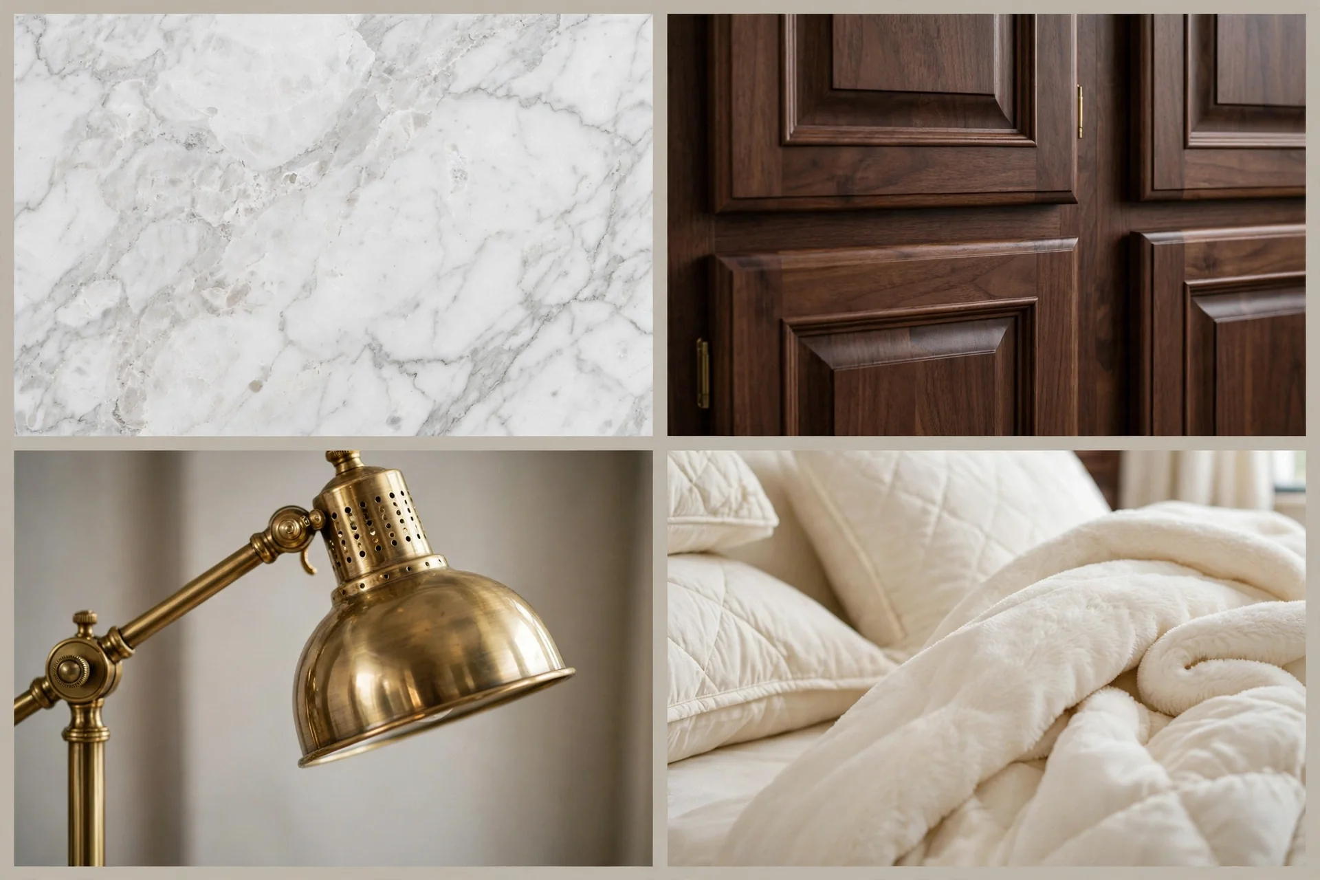 Detail collage of marble wall, walnut cabinetry, brass lamp and cream bedding in a luxury motorhome suite