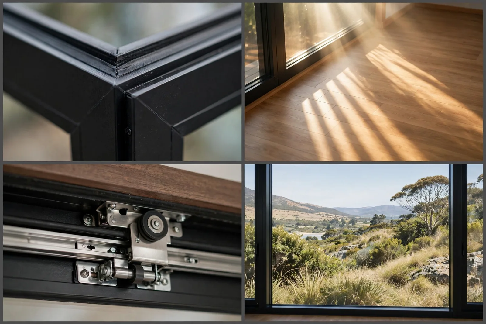 Four-panel collage of the glass wall details: slim black frame corner, sunlight on wood floor, sliding track hardware, framed view