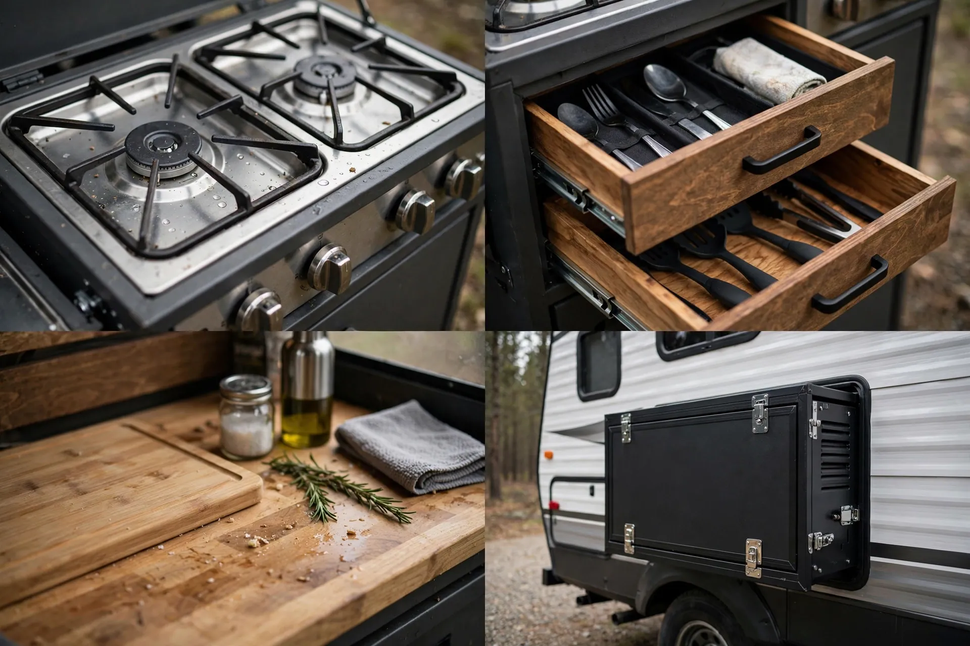 Detail collage of the slide-out camp kitchen: stove, drawers, prep surface, packed unit