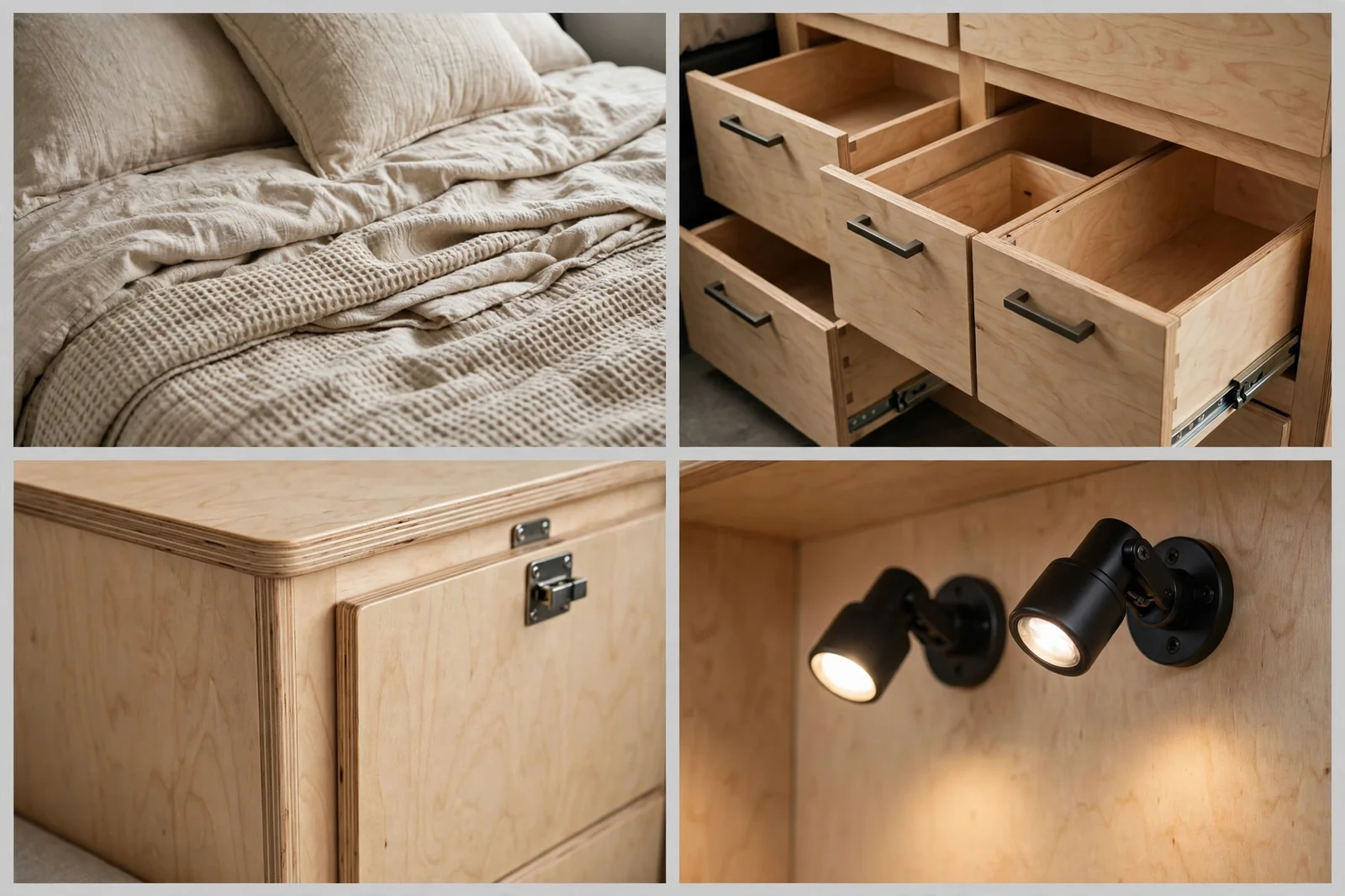 Four-panel detail collage of the fixed rear transverse bed showing linen bedding, open under-bed storage drawers, light plywood cabinet finish, and black adjustable reading lights