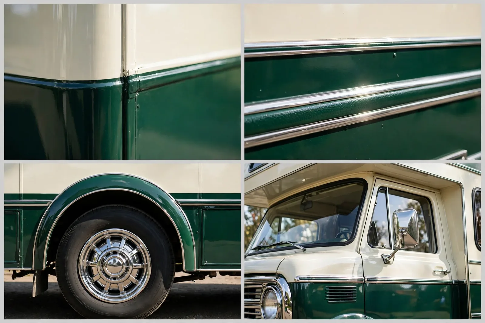Four-panel detail collage of the classic cream and forest green motorhome design