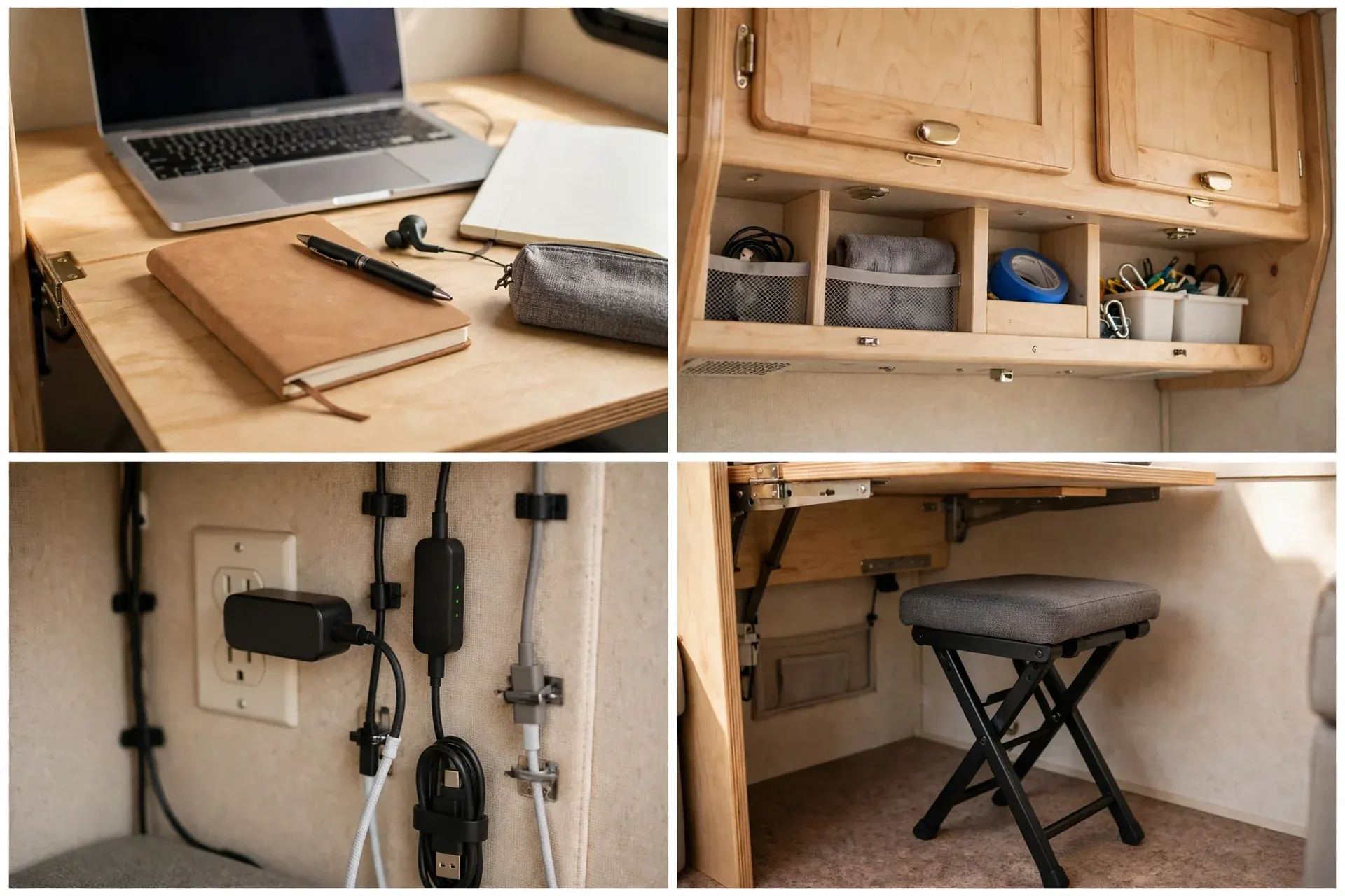 Four close up views of the fold down RV wall desk showing the desk surface, overhead storage cubbies, a tidy power outlet with routed cables, and a cushioned folding stool