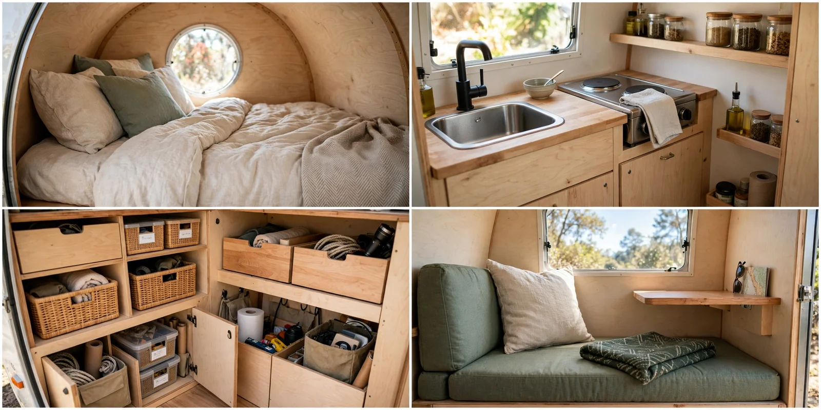 Four interior details of a teardrop camper: bed, kitchenette, storage baskets, and seating nook