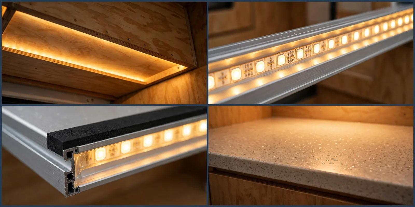 Four-panel detail collage of warm LED strip lighting under camper van kitchen cabinets showing the glowing strip, the channel detail, and the lit countertop below