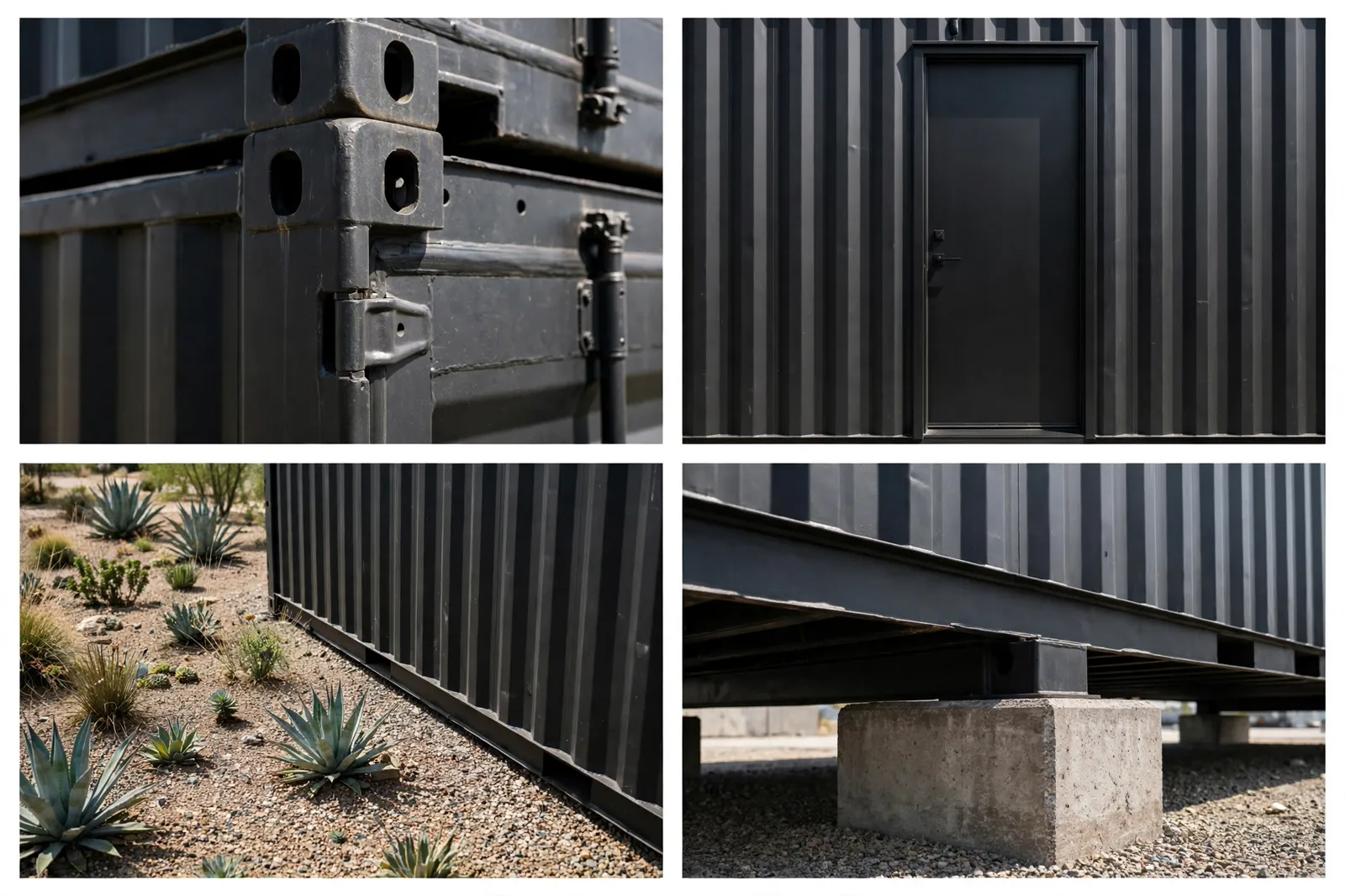 Four-panel collage: black steel corner casting, matte black front door hardware, gravel and desert plant bed, concrete pier under container edge