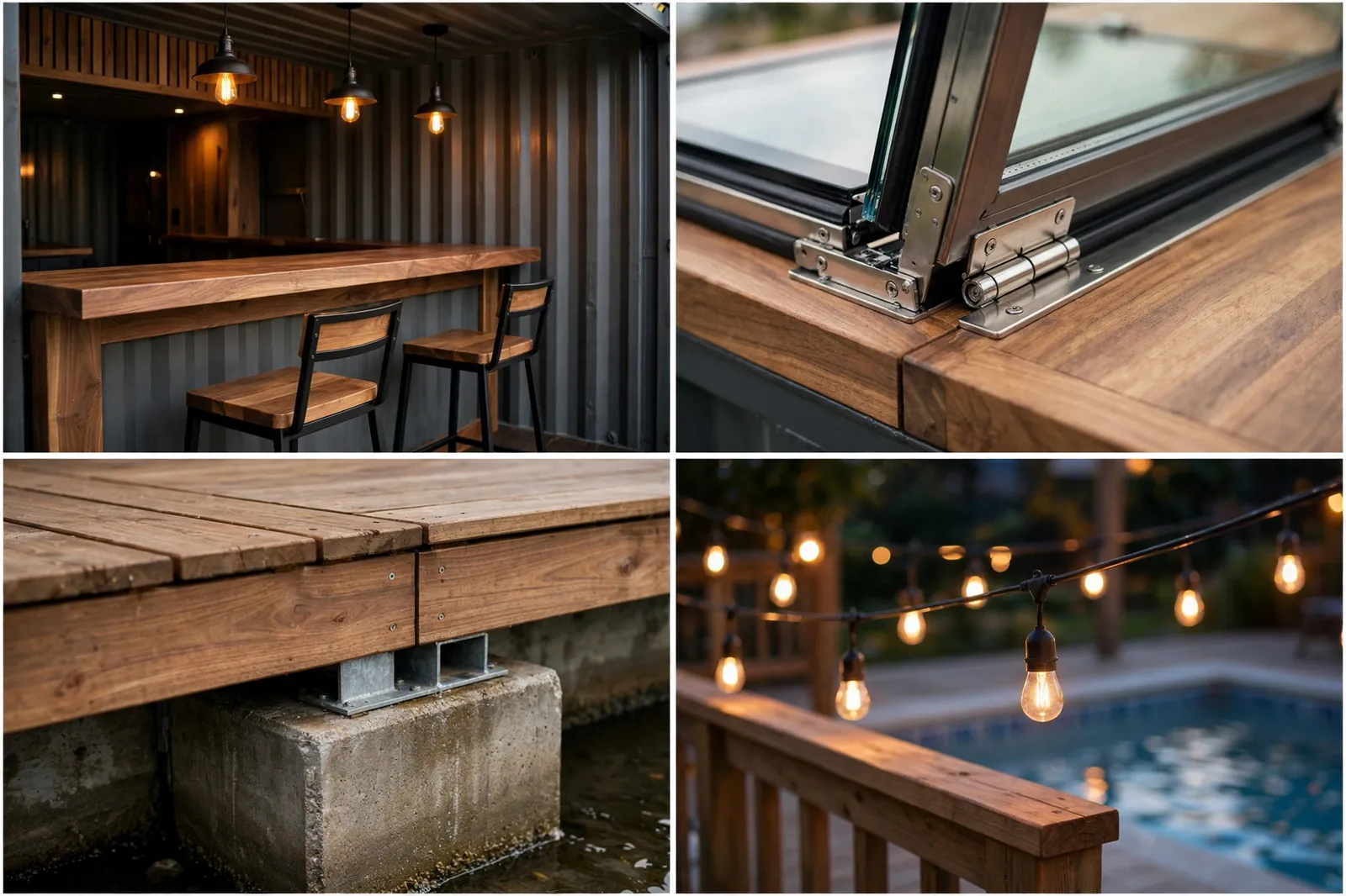 Four-panel collage: bar counter, hatch mechanism, deck piers, string lights