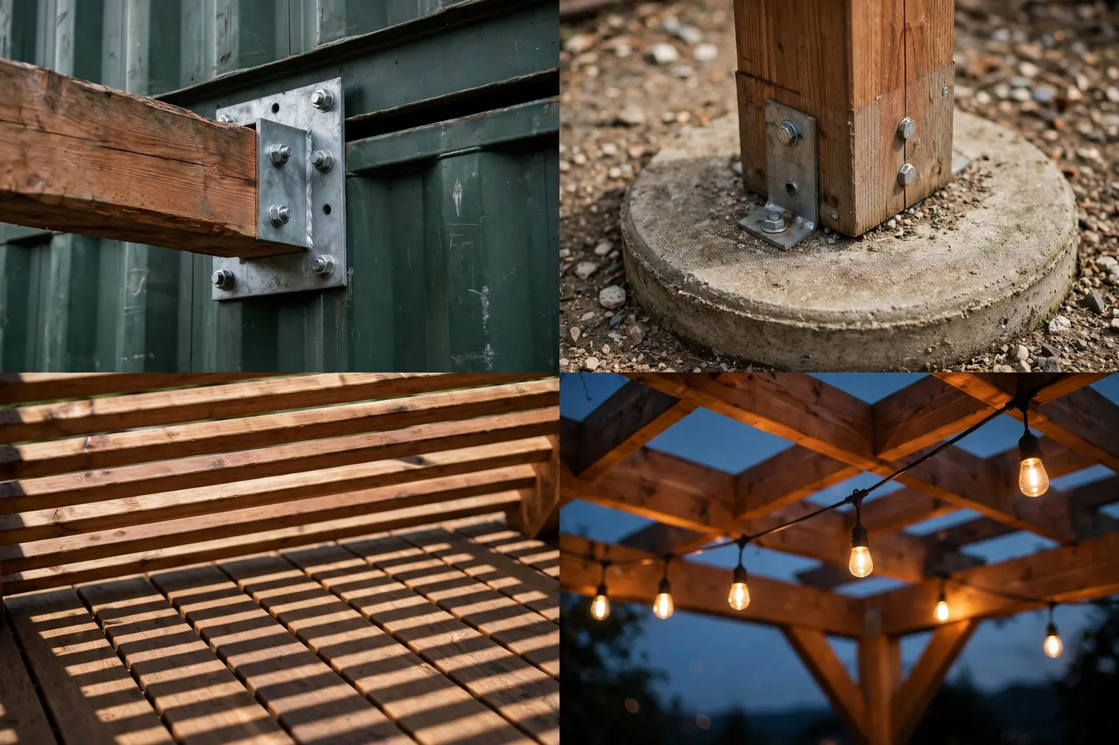 Four detail photos of a cedar pergola: steel bracket bolting a timber beam to a dark-green container wall, a pergola post base on a concrete footing, cedar slats casting striped shade on decking, and string lights under the beams at dusk.