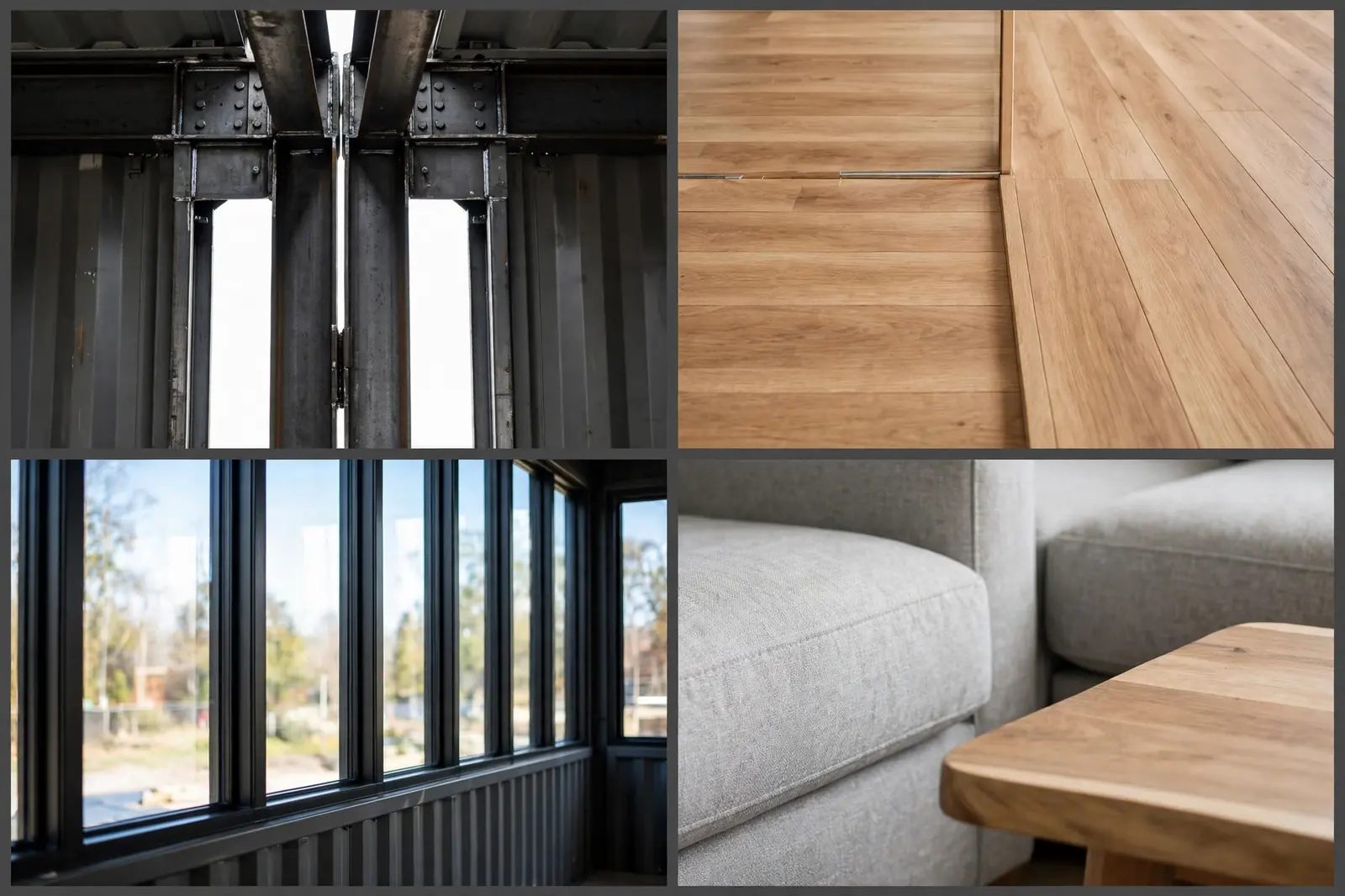 Close-up details of the double-wide container cutout: steel support beam, continuous oak flooring, black-framed window wall, sofa and coffee table